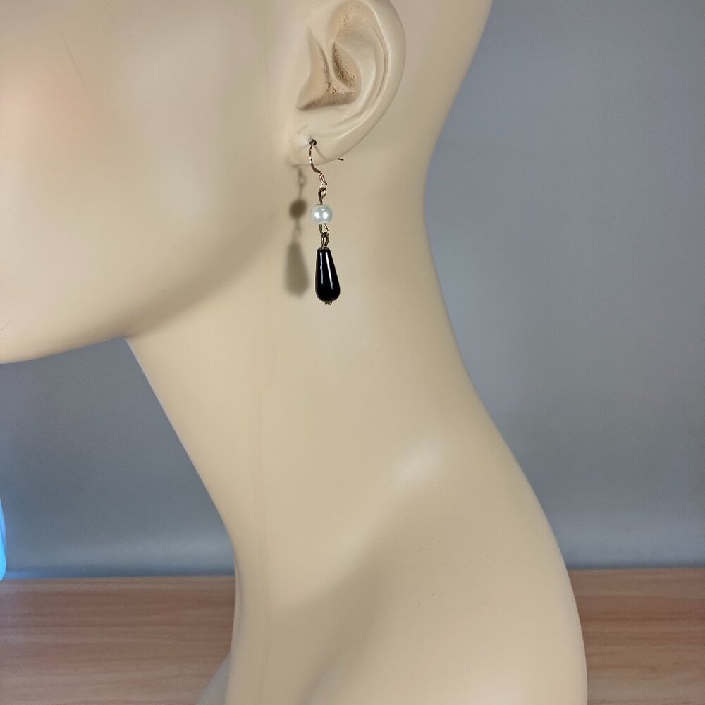 Handcrafted Black Onyx Teardrop Earrings  (1" Long)